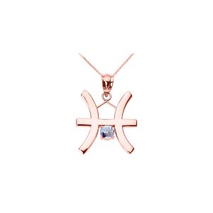 Aquamarine Statement Pisces Zodiac Gemstone Pendant Necklace in 9ct Rose Gold