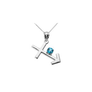 Blue Topaz Statement Sagittarius Zodiac Gemstone Pendant Necklace in 9ct White Gold