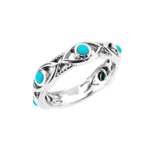 Turquoise Evil Eye Detailed Ring in 9ct White Gold