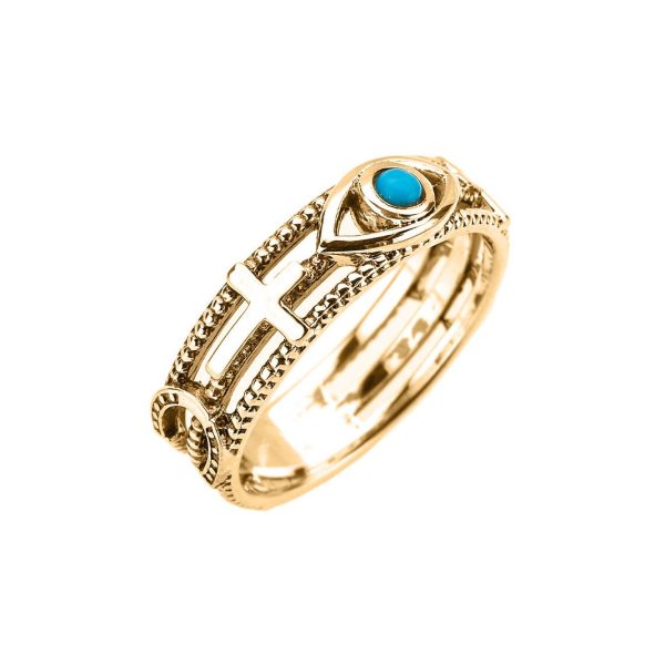 Turquoise Cross Evil Eye Ring in 9ct Gold