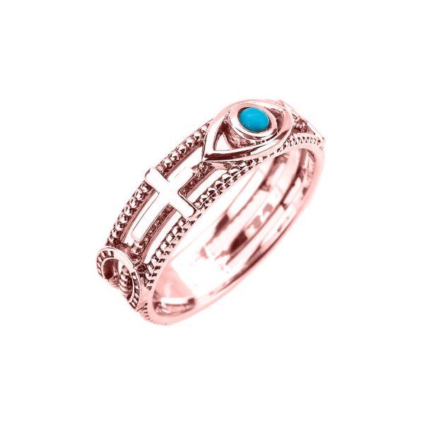 Turquoise Milgrain Evil Eye Cross Ring in 9ct Rose Gold