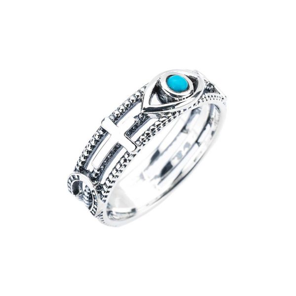 Turquoise Evil Eye Sideways Cross Ring in Sterling Silver