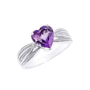 Amethyst & Diamond Heart Gemstone Ring in 9ct White Gold