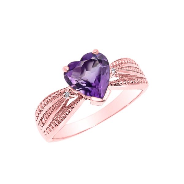 Amethyst & Diamond Heart Gemstone Ring in 9ct Rose Gold