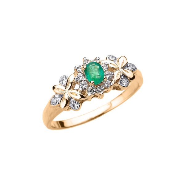 Emerald & Diamond Embellished Floral Gemstone Ring in 9ct Gold