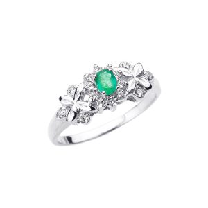 Emerald & Diamond Embellished Floral Gemstone Ring in 9ct White Gold