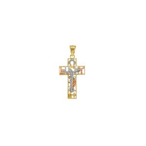 CZ Multi-Tone Lucky Cross Pendant Necklace in 9ct Gold