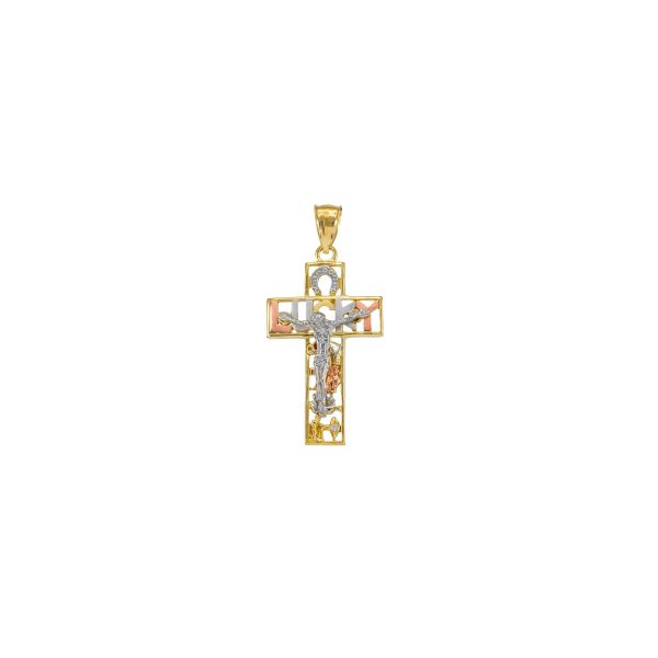 CZ Multi-Tone Lucky Cross Pendant Necklace in 9ct Gold