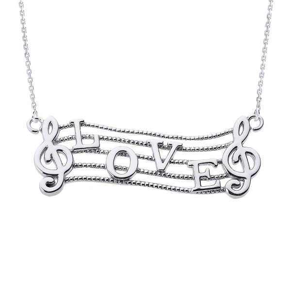 Treble Clef Love Script Pendant Necklace in 9ct White Gold