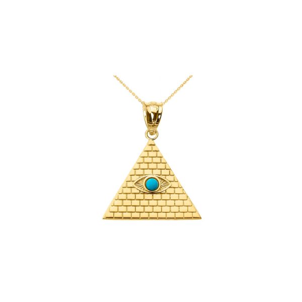 Turquoise Egyptian Pyramid Evil Eye Pendant Necklace in 9ct Gold