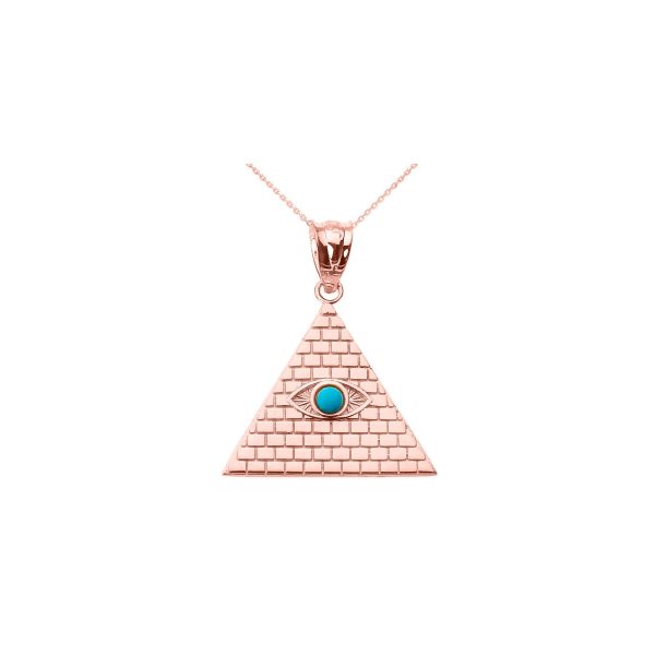 Turquoise Egyptian Pyramid Evil Eye Pendant Necklace in 9ct Rose Gold