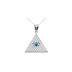 Turquoise Egyptian Pyramid Evil Eye Pendant Necklace in Sterling Silver