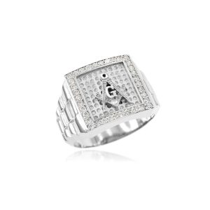 Men's CZ Masonic Watchband Design Ring in Sterling Silver