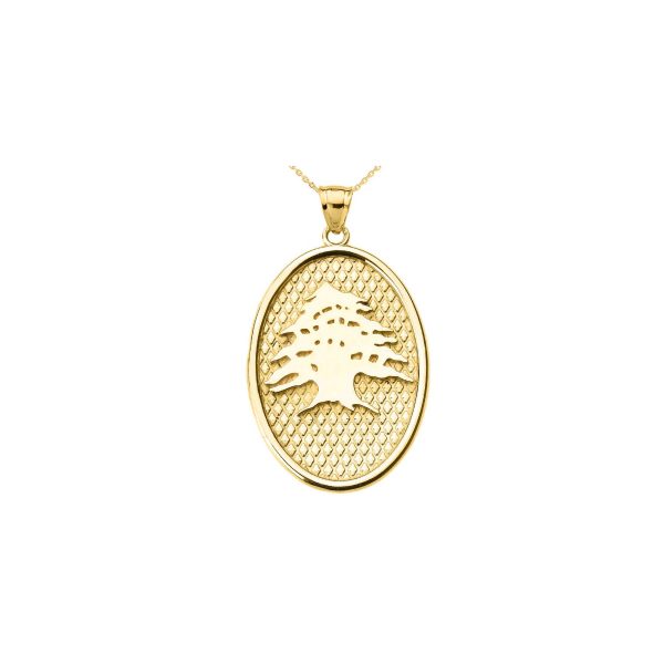 Men's Lebanese Cedar Tree Oval Charm Pendant Necklace in 9ct Gold