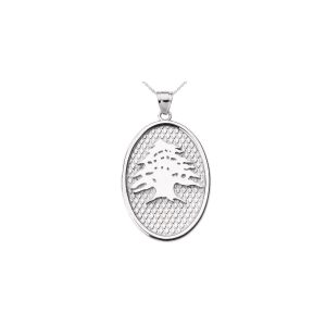 Men's Lebanese Cedar Tree Oval Charm Pendant Necklace in 9ct White Gold