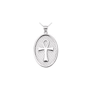 Ankh Cross Egyptian Oval Pendant Necklace in 9ct White Gold