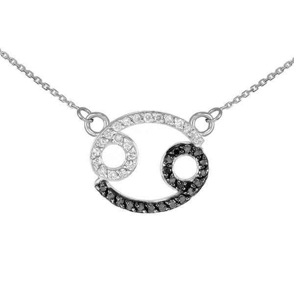 Diamond & Black Diamond Cancer Zodiac Pendant Necklace in 9ct White Gold