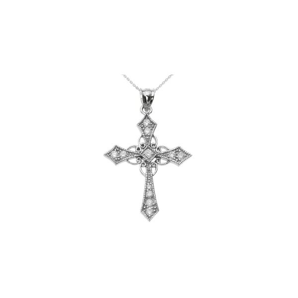 Diamond Decorative Cross Pendant Necklace in 9ct White Gold