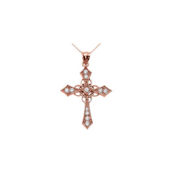 Diamond Decorative Cross Pendant Necklace in 9ct Rose Gold