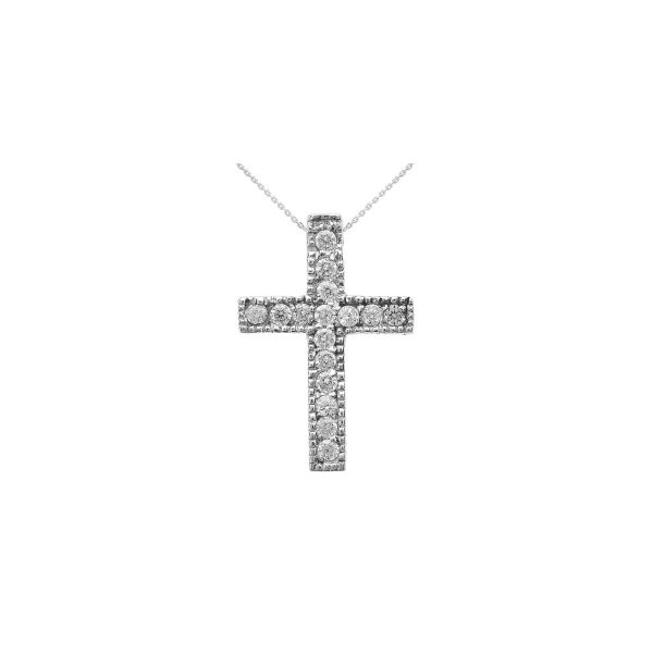 CZ Small Milgrain Edged Cross Pendant Necklace in 9ct White Gold