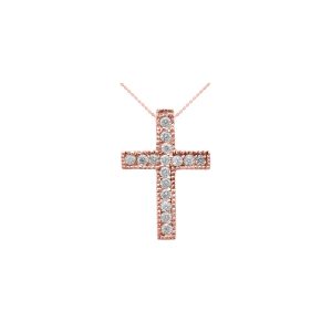 Diamond Small Milgrain Edged Cross Pendant Necklace in 9ct Rose Gold