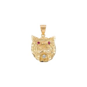 Men's Red CZ Tiger Head Charm Pendant Necklace in 9ct Gold