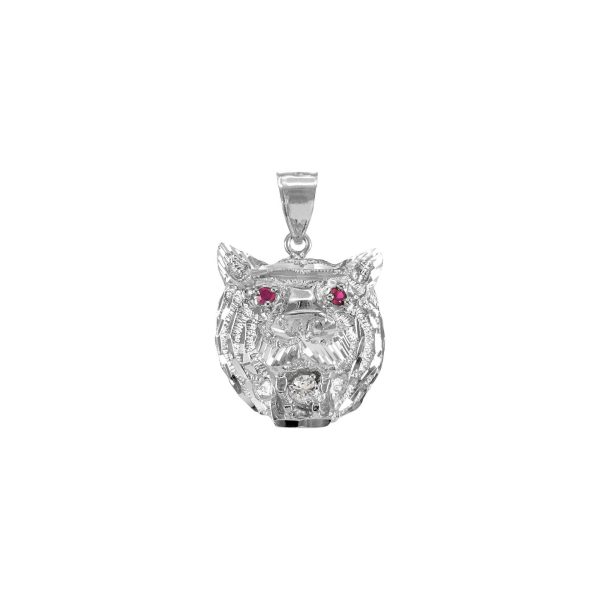 Men's Red CZ Tiger Head Charm Pendant Necklace in 9ct White Gold