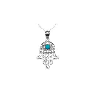 Turquoise Hamsa Hand Evil Eye Pendant Necklace in Sterling Silver