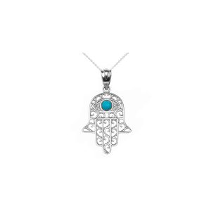 Turquoise Hamsa Hand Evil Eye Pendant Necklace in 9ct White Gold