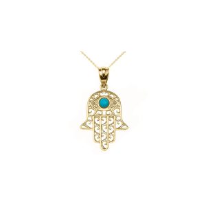 Turquoise Hamsa Hand Evil Eye Pendant Necklace in 9ct Gold