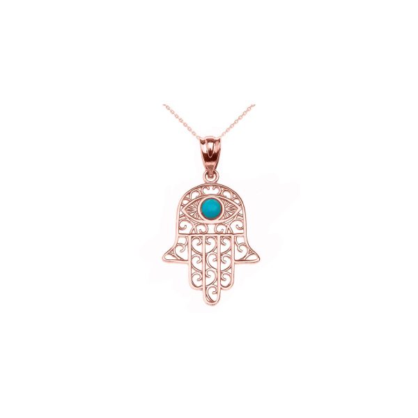 Turquoise Hamsa Hand Evil Eye Pendant Necklace in 9ct Rose Gold