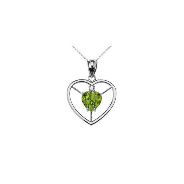 Green CZ & Diamond Elegant Heart Pendant Necklace in Sterling Silver