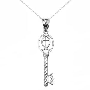 Sleek Ichthus Key Pendant Necklace in 9ct White Gold