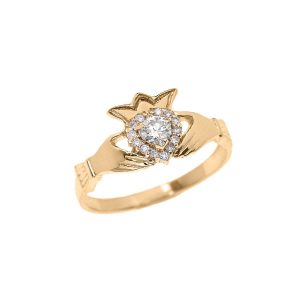 Diamond Embellished Claddagh Crown Ring, 0.15 ct in 9ct Gold