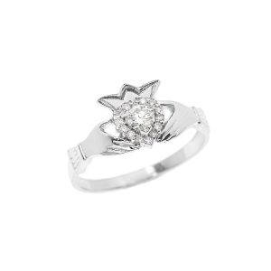 Diamond Embellished Claddagh Crown Ring, 0.15 ct in 9ct White Gold