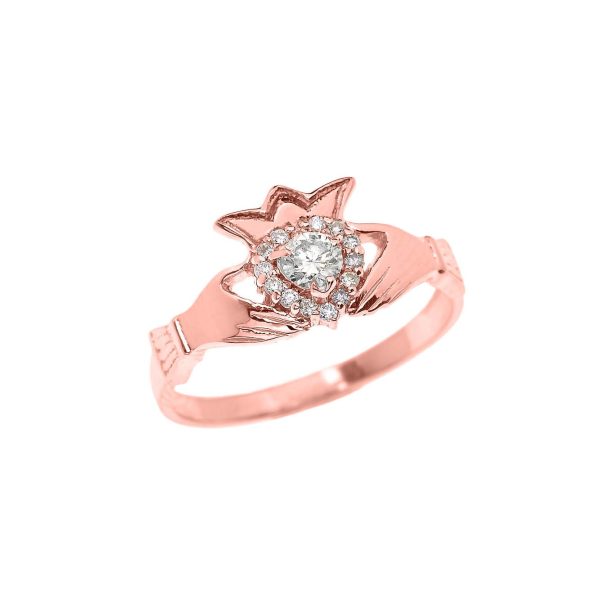 Diamond Embellished Claddagh Crown Ring, 0.15 ct in 9ct Rose Gold