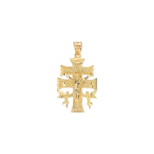 Men's Caravaca Double Angels Cross Pendant Necklace in 9ct Gold