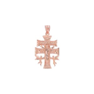 Caravaca Double Angels Cross Pendant Necklace in 9ct Rose Gold