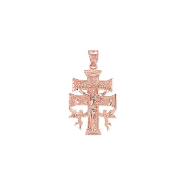 Caravaca Double Angels Cross Pendant Necklace in 9ct Rose Gold