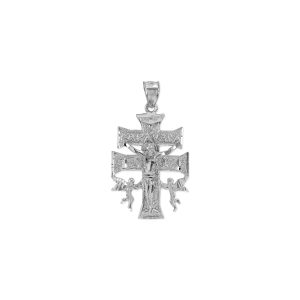 Men's Caravaca Double Angels Cross Pendant Necklace in 9ct White Gold