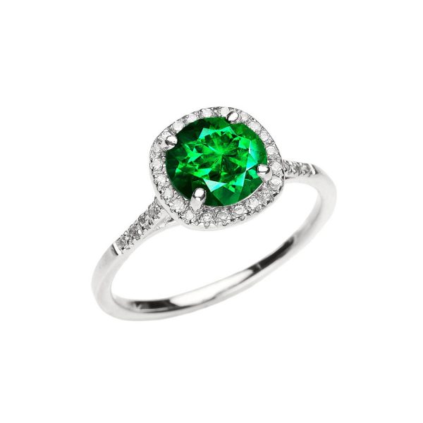 Green CZ Halo Engagement Ring in 9ct White Gold