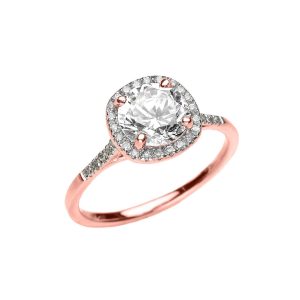 White Topaz & Diamond Luminous Halo Gemstone Ring in 9ct Rose Gold