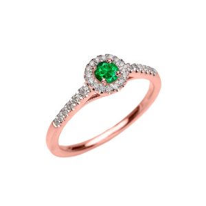 Emerald & Diamond Simple Halo Gemstone Ring in 9ct Rose Gold