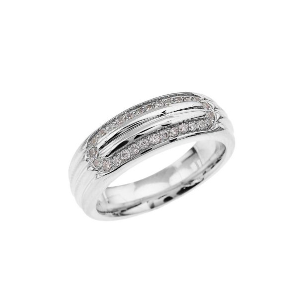 Men's White Topaz Comfort Fit Ribbed Stripe Ring in Sterling Silver