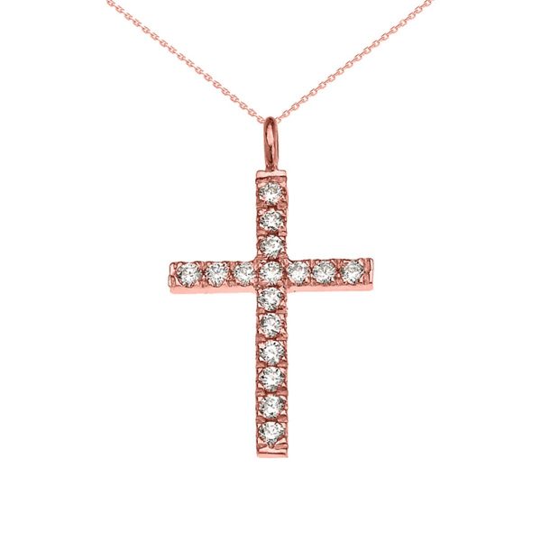 Diamond Embellished Classic Cross Pendant Necklace in 9ct Rose Gold