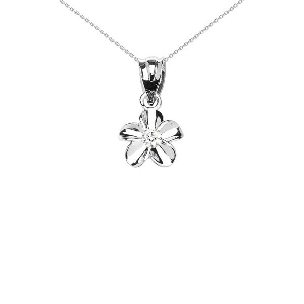 CZ Mini Sleek Hawaiian Plumeria Pendant Necklace in 9ct White Gold