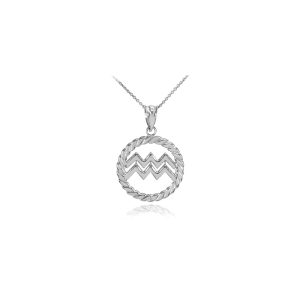 Aquarius Zodiac Circle Rope Pendant Necklace in Sterling Silver