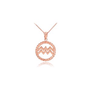 Aquarius Zodiac Circle Rope Pendant Necklace in 9ct Rose Gold