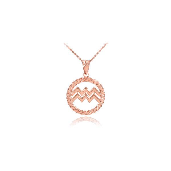 Aquarius Zodiac Circle Rope Pendant Necklace in 9ct Rose Gold