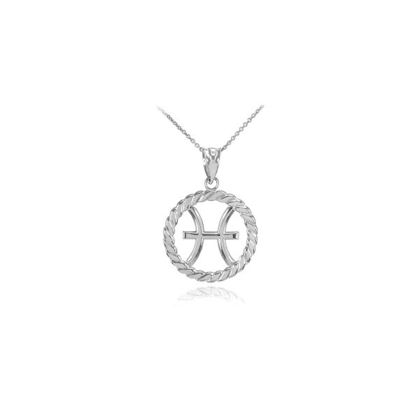 Pisces Zodiac Circle Rope Pendant Necklace in Sterling Silver